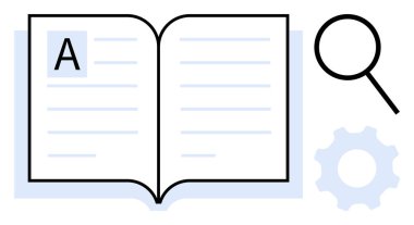 Metin, büyüteç ve öğrenme, araştırma, eğitim, analiz, problem çözme çalışması ve içerik keşiflerini temsil eden teçhizat içeren açık bir kitap. Dijital öğrenme için ideal. Basit düz metafor