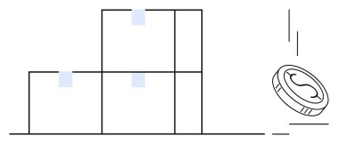 Yığınlanmış kutular sevkiyat ya da depolamayı belirtirken yakınlarda bir madeni para düşüyor. Yatırım ya da maliyet öneriliyor. Lojistik, finans, ekonomi, ticaret, e-ticaret, tasarruf nakliyesi için ideal. Basit.