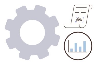 Dişlileri sembolize eden hizmet, imzalı belge ve büyüme grafiği strateji, güvenilirlik ve performans gibi temel fikirleri vurguluyor. Planlama, yönetim, hukuki, büyüme takım çalışması için ideal basit hedefler