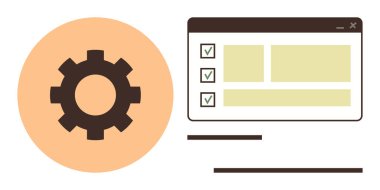 Vites simgesi ve kontrol listesi arayüzü sistem tercihlerini, otomasyonu ve görev takibini sembolize eder. Çalışma akışı, planlama, teknoloji, organizasyon, üretkenlik, yazılım optimizasyonu için ideal