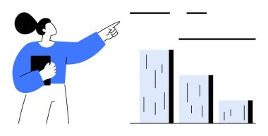 Üç dikey sütunla çizelgeye bakarken elinde bir defter tutan kadın. Veri analizi, iş stratejisi, karar verme, takım çalışması, eğitim, sunum, büyüme için ideal. Basit düz