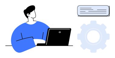 Laptop kullanan kişi, ayarları ya da iş akışını sembolize eden ekipman ve iletişimi gösteren diyalog kutusu. Takım çalışması, teknoloji, yazılım geliştirme, işbirliği, eğitim ve problem çözme için ideal