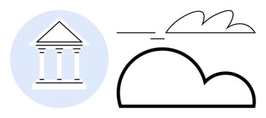 Klasik bina, çizgisel bulut ile eşleştirilmiş, kalıtım, bağlantı ve yenilikleri sembolize ediyor. Finans, eğitim, yönetim, mimari, bulut hesaplaması, miras için ideal