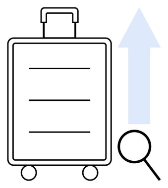Yuvarlanan tekerleklerdeki bavul büyüteç ve yukarı doğru ok ile eşleştirildi. Seyahat planlama, büyüme, keşif, turizm, iş gezileri, araştırma ve yenilik için ideal. Basit düz metafor