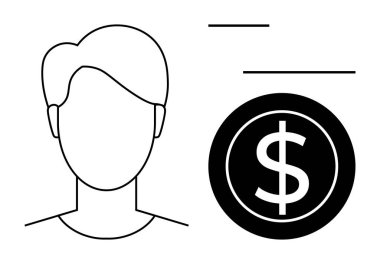 Büyük paraların yanında basit bir insan silueti, finans, zenginlik, gelir, iş, ekonomi, yatırım ve kimlik yönetimini temsil ediyor. Finansal konsept için ideal basit düz metafor