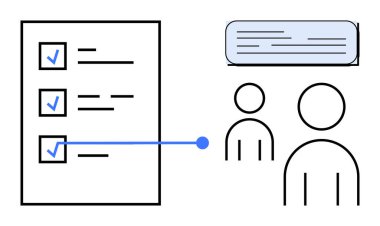İşaretli görevleri olan kontrol listesi, konuşma balonu ve iki özet takım üyesi. Üretkenlik, planlama, takım çalışması, iletişim, işbirliği organizasyonu görev öncelikleri için idealdir. Basit bir daire.