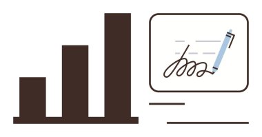 Ekrandaki dijital imza ve kalem yanında ilerlemeyi gösteren çubuk grafik. Finans, teknoloji, iş, analitik, imza, onay ve çevrimiçi ilerleme için ideal. Basit düz metafor