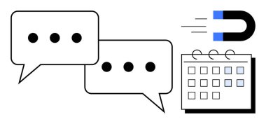 Konuşma baloncukları, mıknatıs ve takvim iletişimi, planlamayı ve cazibeyi gözünde canlandır. Pazarlama, takım çalışması, zaman yönetimi, seyirci alımı için ideal lider üretim organizasyonu basit