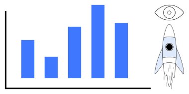 Büyümeyi gösteren mavi çizgi grafiği, yeniliği simgeleyen roket ve görüşü temsil eden göz. İş stratejisi, analitik, ilerleme takibi, yenilik, hırs vizyonu başarısı için idealdir. Basit.