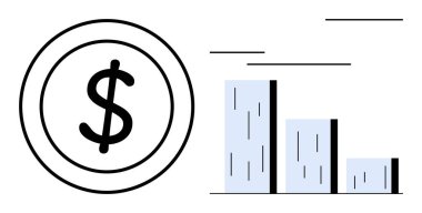 Aşağı inen bir bar tablosunun yanında dolar sembolü mali kaybı, azalan karı veya azalan eğilimleri gösteriyor. Ekonomi, işletme, finans, yatırım, pazar analizi, risk yönetimi için ideal