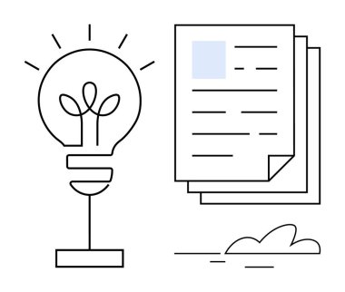 Yığılmış belgelerin ve soyut şekillerin yanında parlak çizgileri olan ampul. Yaratıcılık, yenilik, strateji, beyin fırtınası, planlama, bilgi paylaşımı, verimlilik için idealdir. Basit düz metafor