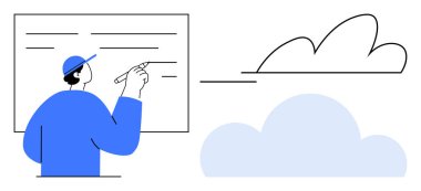 Beyaz tahtaya yazı yazan, fikirleri bulut şekillerine bağlayan biri. Takım çalışması, uzaktan işbirliği, bulut depolama, yenilik, yaratıcılık, dijital planlama, basit düz metafor