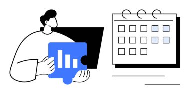 Veri tablosu şekilli yapboz parçası, işaretli tarihli takvim ve bilgisayar ekranı tutan adam. Planlama, verimlilik, takvim, takım çalışması, organizasyon veri analizi için ideal. Basit düz