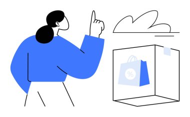 Kadın, içinde indirim işareti bulunan bir alışveriş çantası bulunan bir konsept kutuya işaret ederek, perakende satış anlaşmalarını, e-ticareti, karar verme mekanizmasını, tüketici davranışını, pazarlamayı, trend analizini ve dijital