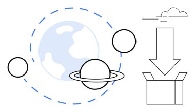 Yörüngedeki dünya ve gezegenler, ok, bulut ve minimum çizgilerle dolu kutuyu açın. Küresel ulaşım, teknoloji, uzay yeniliği, lojistik yaratıcılığı için idealdir. Basit düz metafor