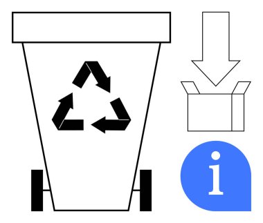 Geri dönüşüm kutusu, üçgen geri dönüşüm okları, karton kutu, imha için aşağı ok ve mavi bilgi simgesi. Atık yönetimi, geri dönüşüm, çevre bakımı ve talimatlar için ideal