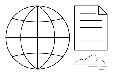 Küresel iletişim, dosya paylaşımı ve bulut depolamasını temsil eden şebeke çizgileri, belge kağıdı ve bulut çizelgesi olan dünya. Teknoloji, iş dünyası, küresel ulaşım, dosya takas bulutu için ideal