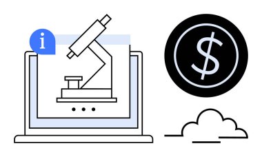 Bilgisayarda mikroskop, dolar işareti ve bulut. Basit bir düz metaforda bilim finansmanı, araştırma, yenilik, eğitim, teknoloji, ekonomi ve finansal analiz kavramları için idealdir