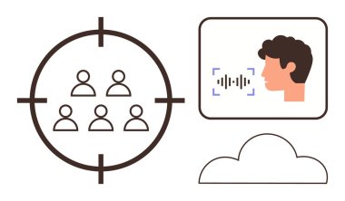Hedef kitle, ses dalgalarıyla ses tanıma ve bulut simgesi. Pazarlama, iletişim, teknoloji, yapay zeka, veri depolama analitik kullanıcı bağlantısı için idealdir. Basit düz metafor