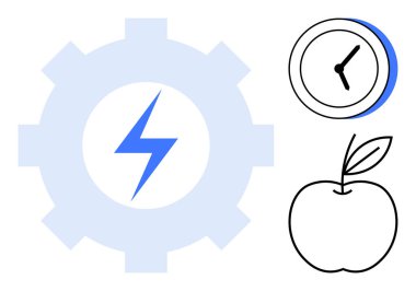 Yıldırım, saat ve elma taşıma verimliliği, zaman yönetimi, enerji ve denge ile donanım. Üretkenlik için ideal, sağlık verimliliği zaman yönetimi yaşam tarzı basitliğini dengeler. A