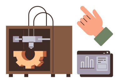 3D yazıcı prototipi, etkileşim için el hareketi ve veri göstergesi. Üretim, teknoloji, yenilik, prototip, akıllı cihazlar, mühendislik için ideal