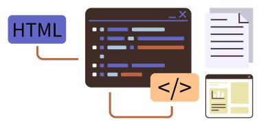 HTML bloğu, kod düzenleyicisi parçacıkları vurguluyor, belge hatları ve web sayfası önizlemesi. Web tasarımı, kodlama, programlama, eğitim, yazılım geliştirme için ideal basit düz metafor