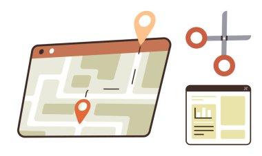 Konum pimleri, kurguyu sembolize eden makas ve web arayüzü pencereli navigasyon haritası. Navigasyon, planlama, özelleştirme, organizasyon, analitik, iş akışı basit düz metafor için idealdir