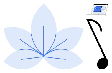 Temiz çizgileri olan soyut nilüfer çiçeği, zarif bir nota ve doğa ve yaratıcılıkla birleşen bir dizüstü bilgisayar ekranı. Sağlık, müzik, denge, odaklanma ve teknoloji için ideal