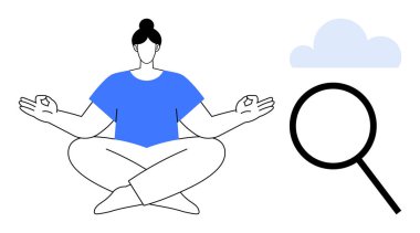 Yoga pozu, büyük büyüteç ve bulut gibi bağdaş kurarak meditasyon yapan biri. Farkındalık, berraklık, odaklanma, akıl sağlığı, rahatlama araştırması ve stres giderme için idealdir. Basit düz