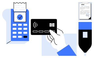 Posta terminalinde fiş ve imzalı belge ile bağlantısız kart tıklaması. Ödeme, finans, e-ticaret, teknoloji, doğrulama, güvenlik, perakende için ideal. Basit düz metafor