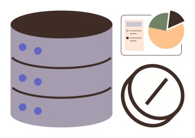 Sunucu veritabanı silindirleri, analitik pasta grafiği ve işlem sembolleri yığını. Veritabanı yönetimi, analitik, işleme, büyük veri, araştırma, bulut depolama teknolojisi altyapısı için ideal