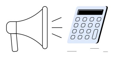 Hesap makinesinin yanındaki megafon iletimi planlama, bütçe ve iletişimi vurguluyor. Pazarlama, reklam, finans, strateji, iletişim iş ekonomisi için idealdir. Çok basit.