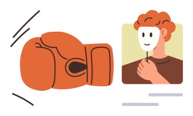 Maske tutan kişiye doğru hareket eden boks eldiveni. Çatışma, aldatma, kimlik, gerçek, yüzleşme, açığa çıkma, öz farkındalık için idealdir. Basit bir düz metafor.