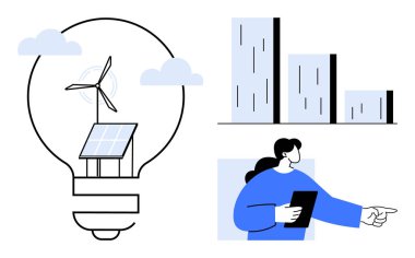 Bir ampulün içinde rüzgar türbini ve güneş paneli, iş haritaları ve tabletli bir kişi. Sürdürülebilirlik, yeşil enerji, yenilik, strateji, analitik, çevre dostu büyüme için ideal