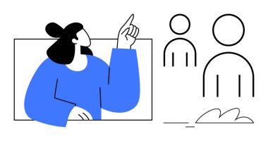 Kadın konuşurken iki soyut insan simgesini birbirine bağlıyor. Takım çalışması, liderlik, iletişim, işbirliği, eğitim ve sosyal etkileşim için ideal bir karar. Minimalist daire