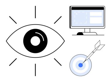 Odaklanmayı öneren çizgileri olan bir göz sembolü arayüz elemanları olan bir bilgisayar ekranı ve hassasiyeti vurgulayan bir ok ile bir hedef. Vizyon, dijital strateji, doğruluk, başarı için ideal