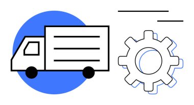 Ulaşım, otomasyon, optimizasyon ve endüstriyel süreçleri sembolize eden nakliye kamyonu ve teçhizat. Lojistik, tedarik zinciri, verimlilik, teknoloji, ulaşım işi için ideal basit bir daire