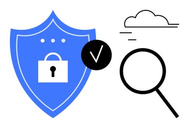 Kilitli mavi kalkan, işaret, büyüteç ve bulut görüntüsü. Siber güvenlik, gizlilik, arama, koruma bulut hesaplama ve analiz için idealdir. Basit düz metafor