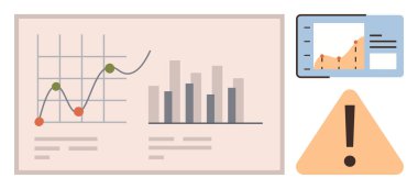 Satır grafiği, bar tablosu ve veri eğilimlerini, uyarıları, analitikleri ve karar verme mekanizmasını vurgulayan üçgen uyarı sembolü. İstatistik, izleme, tahmin analitik içgörü raporlaması için ideal
