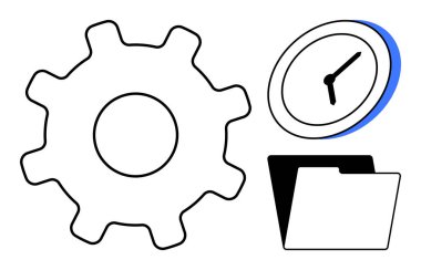 Üretkenlik, iş akışı, zaman optimizasyonu, görev organizasyonu, verimlilik, planlama ve proje yönetimi kavramlarını ileten vites, saat ve klasör. İşlem organizasyonu için ideal profesyonel