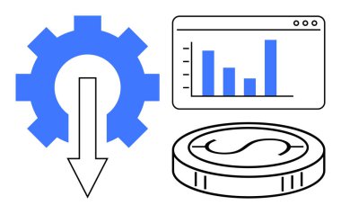 Aşağı doğru ok, web arayüzü çubuk grafiği ve dolar madeni para, maliyet analizi, iş stratejisi, verimlilik, yatırım, üretkenlik, ekonomi ve basit düz olarak karlılığı temsil eder