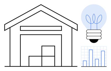 Depo taslağı istiflenmiş kutular, yeniliği sembolize eden ampul ve ızgara tabanlı bar şeması. Lojistik, sürdürülebilirlik, verimlilik, planlama, teknoloji, analitik ve üretkenlik için ideal