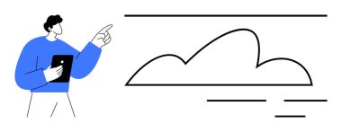 Tableti tutan kişi minimalist bulut çizgisi tasarımına işaret ederken. Sunumlar için ideal, bulut hesaplama, veri depolama, eğitim, yenilik, teknoloji eğitimi, basit düz metafor