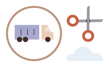 Nakliye aracının içinde taşımayı temsil eden bir yük kamyonu. Makas, maliyet düşüşünü ve bulut aksanını sembolize ediyor. Lojistik, nakliye, verimlilik, maliyet tasarrufu, iş planlaması için ideal