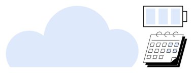 Batarya ve takvim sembollü bulut depolamayı, güç korumayı ve planlamayı temsil ediyor. Veri yönetimi, zaman organizasyonu, enerji izleme, dijital bulut, verimlilik, verimlilik için ideal