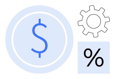 Çemberin içinde dolar işareti, dişli ve yüzde işareti. Finans, ekonomi, yatırımlar, işletme, bankacılık faiz oranları ve para kazanma için ideal. Basit düz metafor