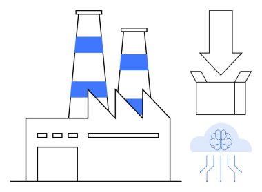 Tütsülü fabrika, yapay zekayı temsil eden bulut, kutuyu gösteren ok. Otomasyon için ideal, endüstri 4.0, yapay zeka, IoT teknolojileri veri işleme yeniliği. Basit düz metafor