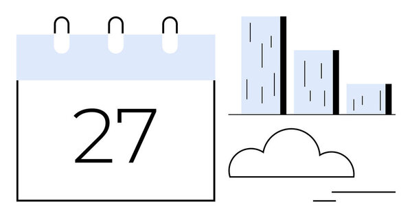 Календарь отображения даты 27 наряду со столбчатым графиком и облачным элементом, представляющим планирование, анализ данных и облачные технологии. Идеально подходит для планирования, производительности, отчетности, аналитики