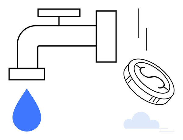 Металлический кран капает голубой каплей рядом с монетой в свободном падении. Идеально подходит для финансового планирования, управления ресурсами, экономии, инвестиций и минимализма. Простой