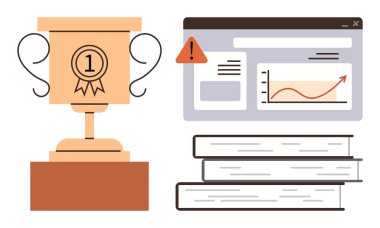 Başarı ödülü, veri uyarısı içeren tarayıcı penceresi ve bilgi, öğrenme, tanıma, rekabet, eğitim, başarı ve büyüme için istiflenmiş kitaplar. Basit düz metafor için ideal